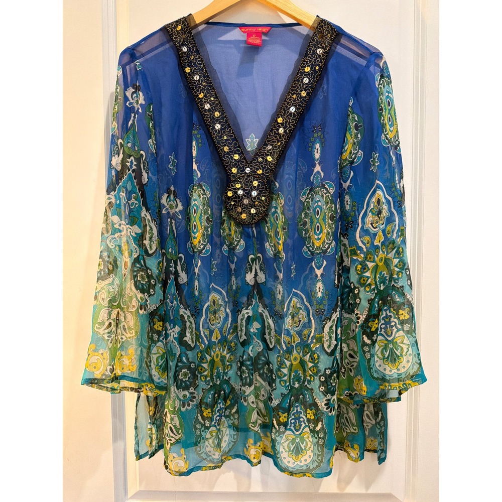 Sunny Leigh 100% Silk Blue Paisley Sequin Embellished V-Neck Tunic Top XL
